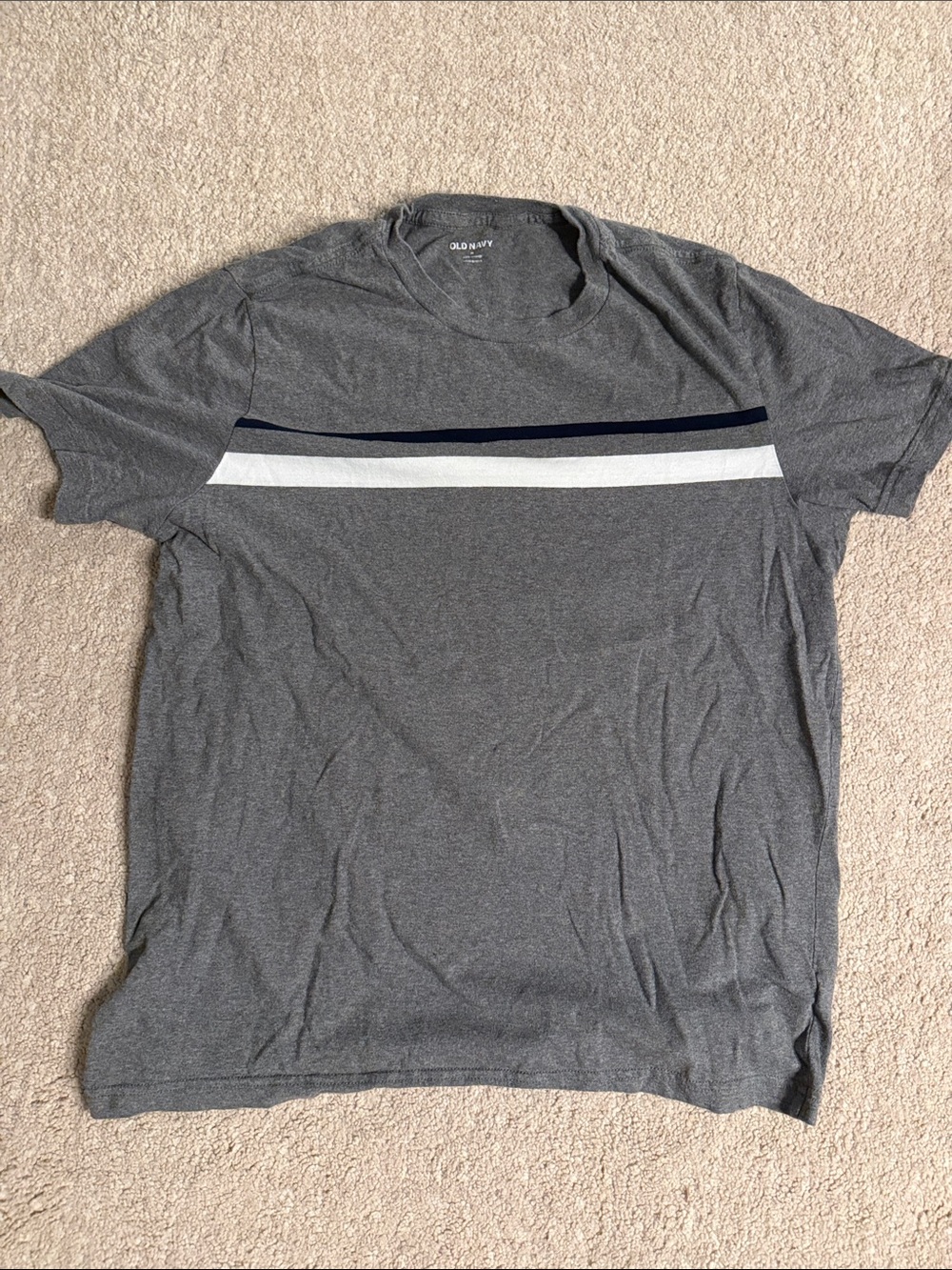 Old Navy Gray Short-Sleeve Tee with White and Navy Chest Stripes